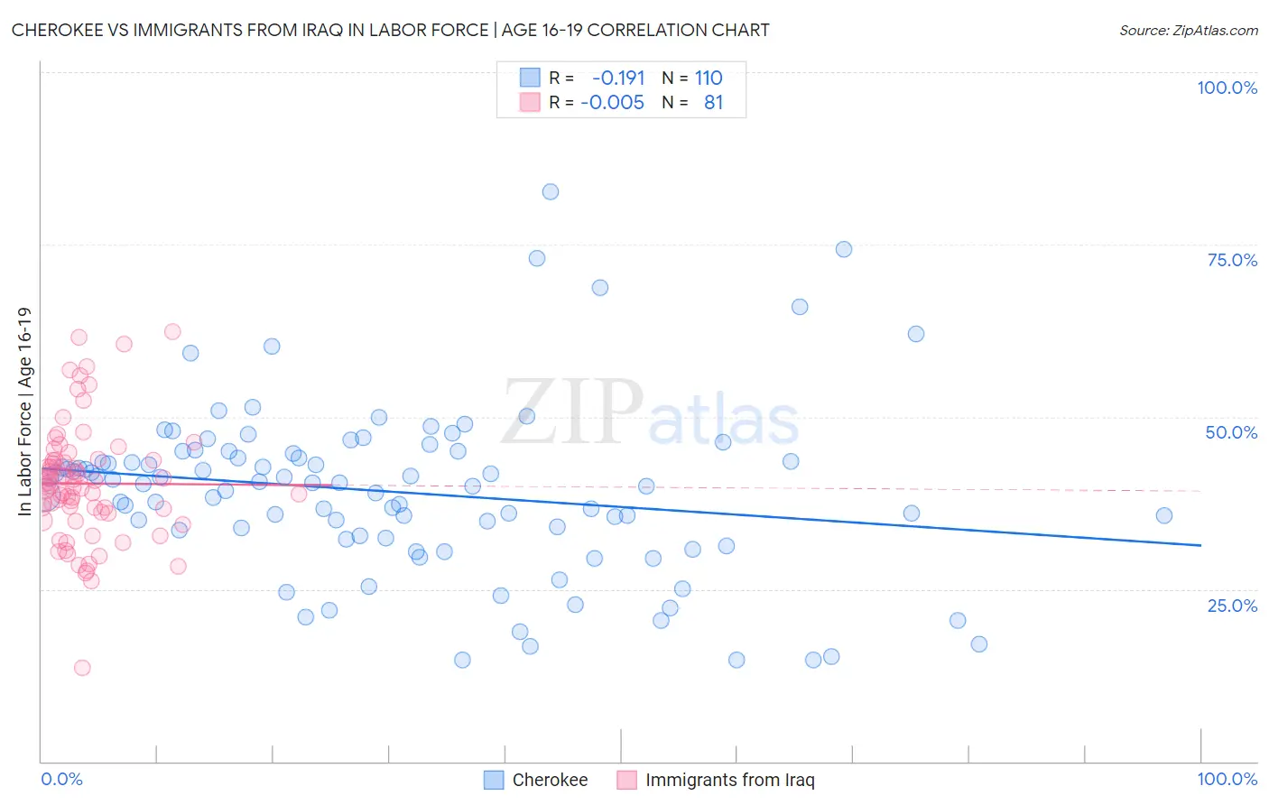 Cherokee vs Immigrants from Iraq In Labor Force | Age 16-19