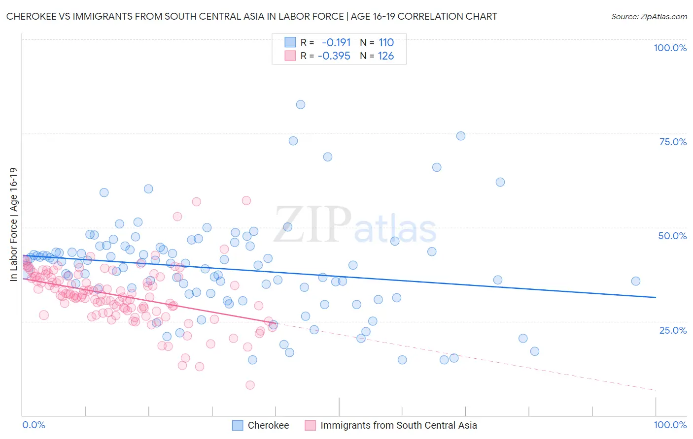 Cherokee vs Immigrants from South Central Asia In Labor Force | Age 16-19
