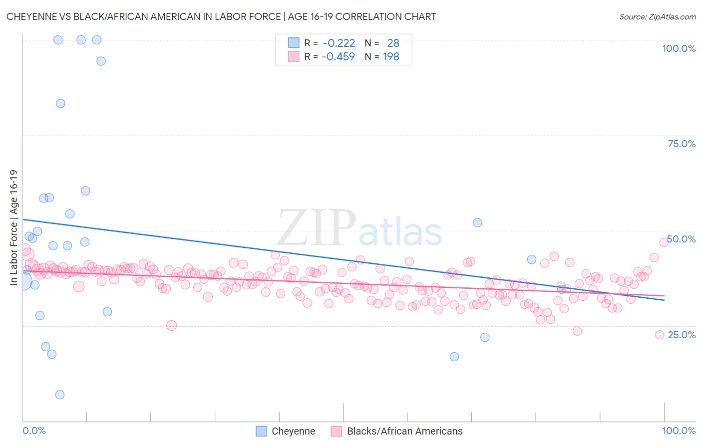 Cheyenne vs Black/African American In Labor Force | Age 16-19