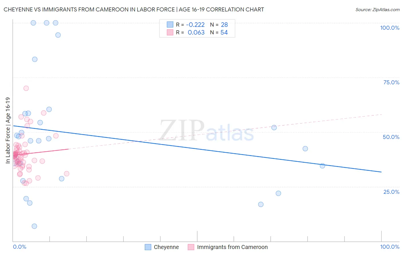 Cheyenne vs Immigrants from Cameroon In Labor Force | Age 16-19