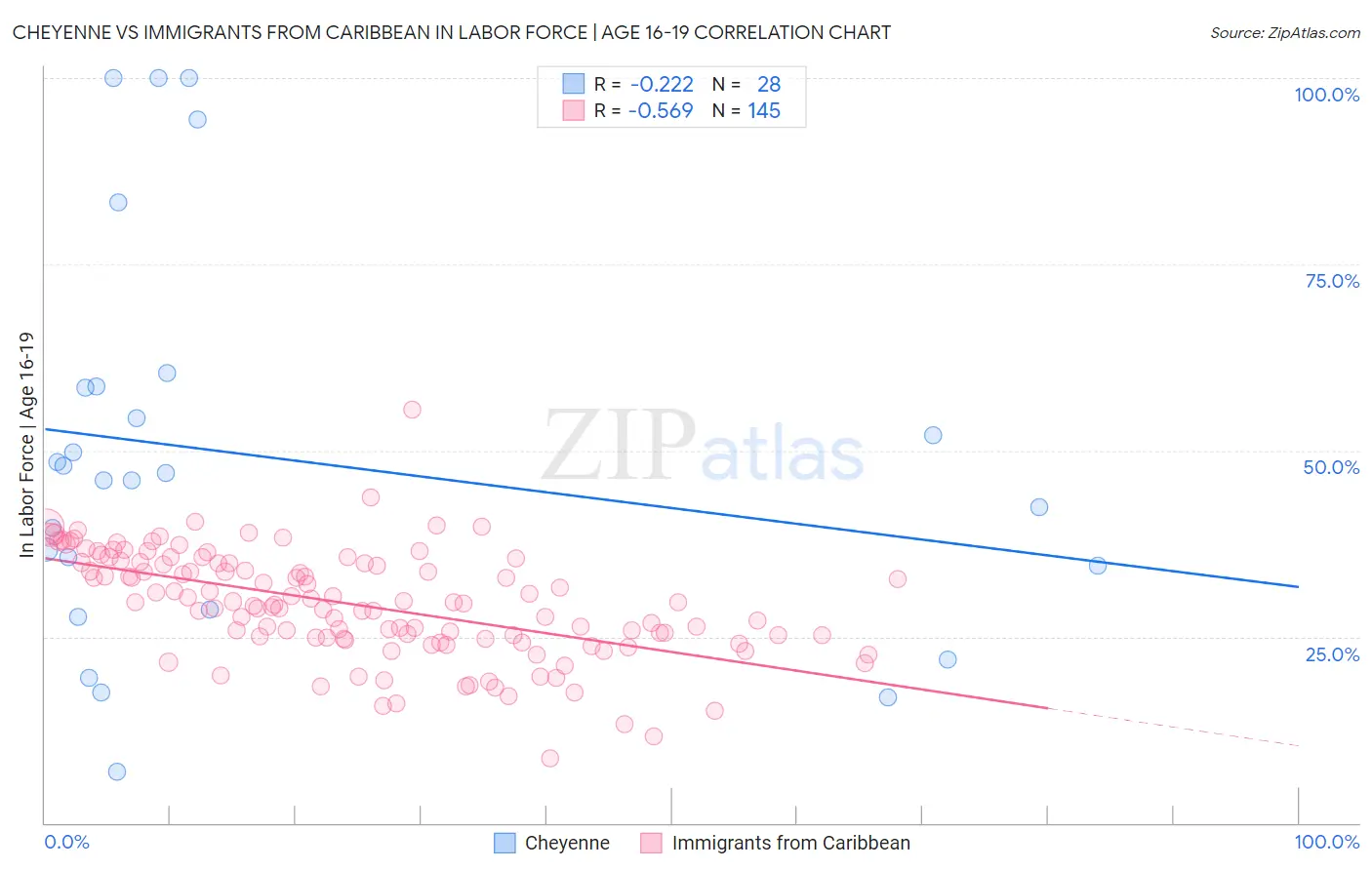 Cheyenne vs Immigrants from Caribbean In Labor Force | Age 16-19