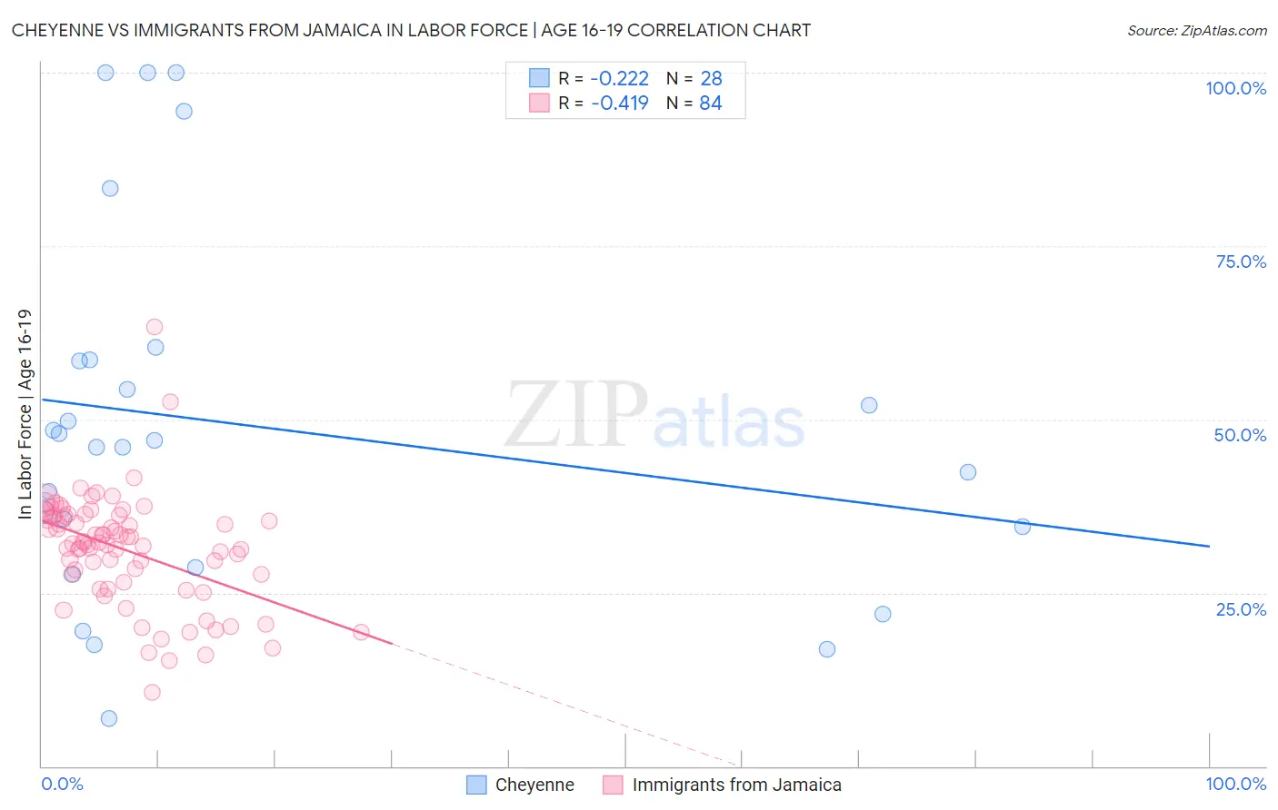 Cheyenne vs Immigrants from Jamaica In Labor Force | Age 16-19