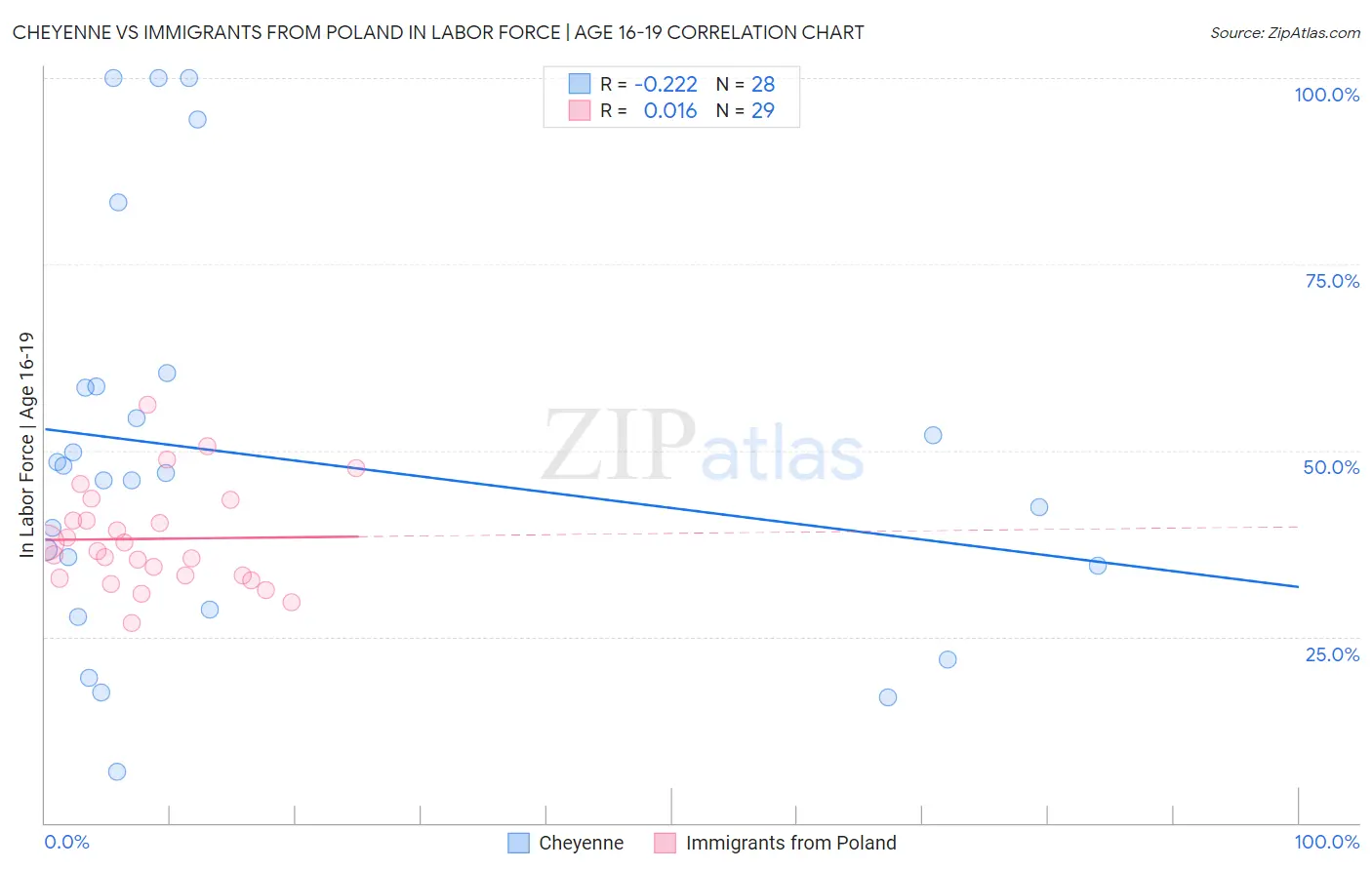 Cheyenne vs Immigrants from Poland In Labor Force | Age 16-19