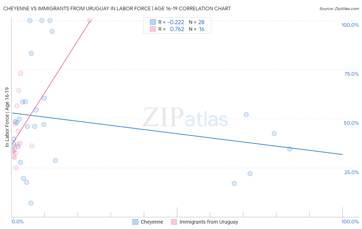 Cheyenne vs Immigrants from Uruguay In Labor Force | Age 16-19
