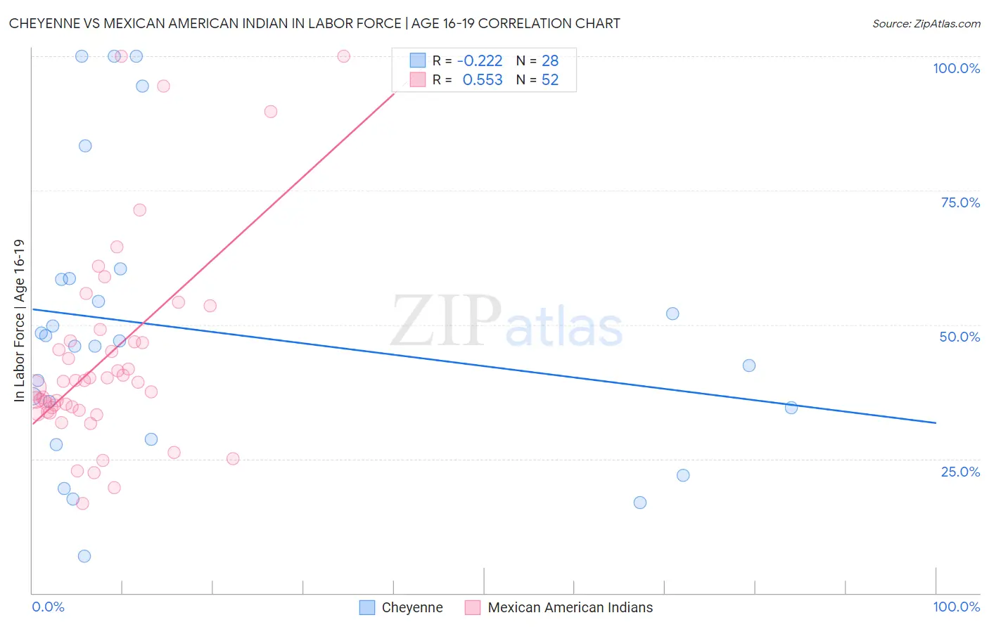 Cheyenne vs Mexican American Indian In Labor Force | Age 16-19