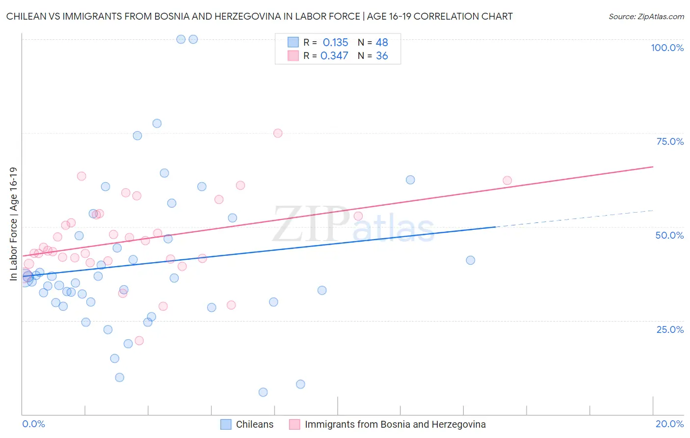 Chilean vs Immigrants from Bosnia and Herzegovina In Labor Force | Age 16-19