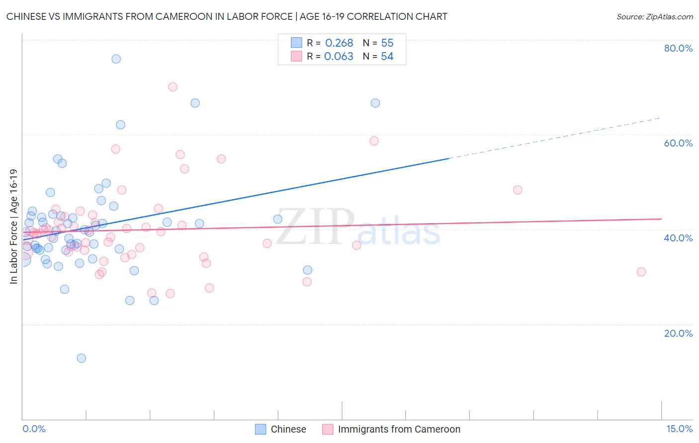 Chinese vs Immigrants from Cameroon In Labor Force | Age 16-19
