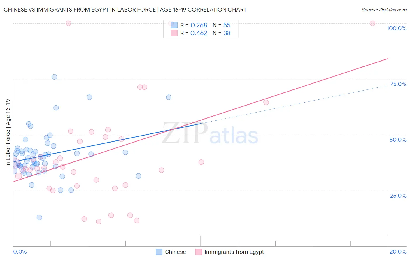 Chinese vs Immigrants from Egypt In Labor Force | Age 16-19