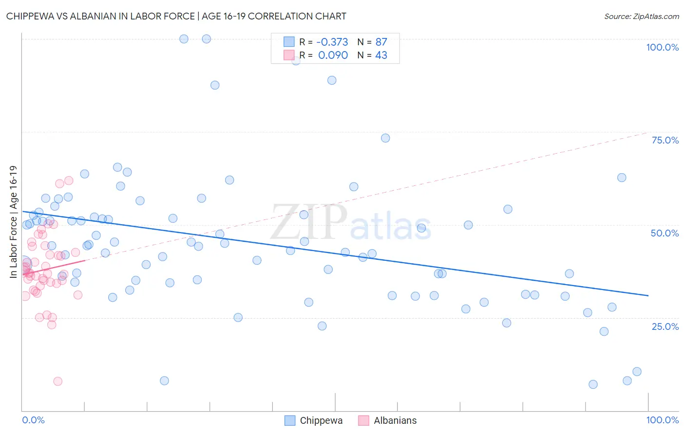 Chippewa vs Albanian In Labor Force | Age 16-19