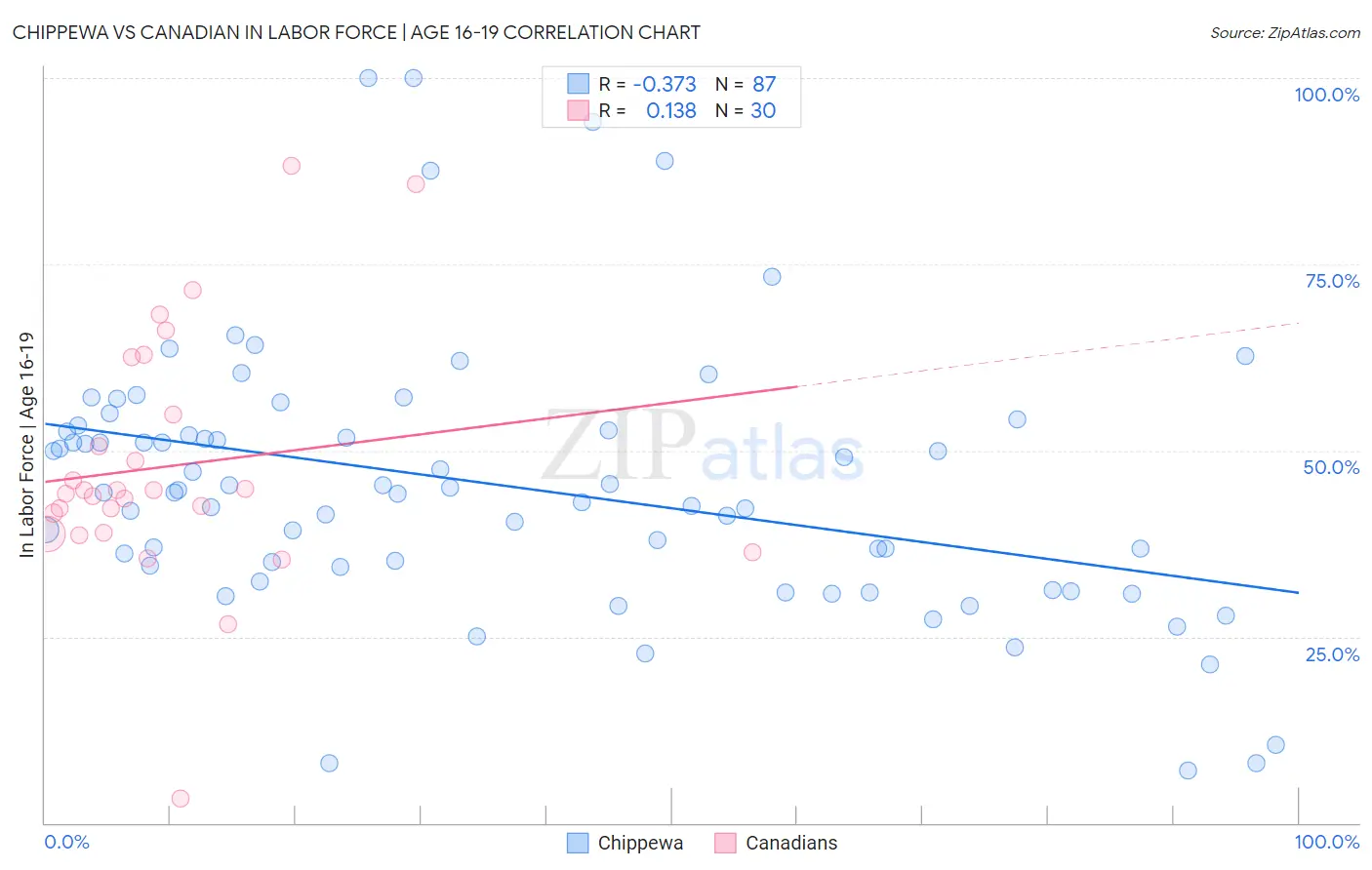 Chippewa vs Canadian In Labor Force | Age 16-19