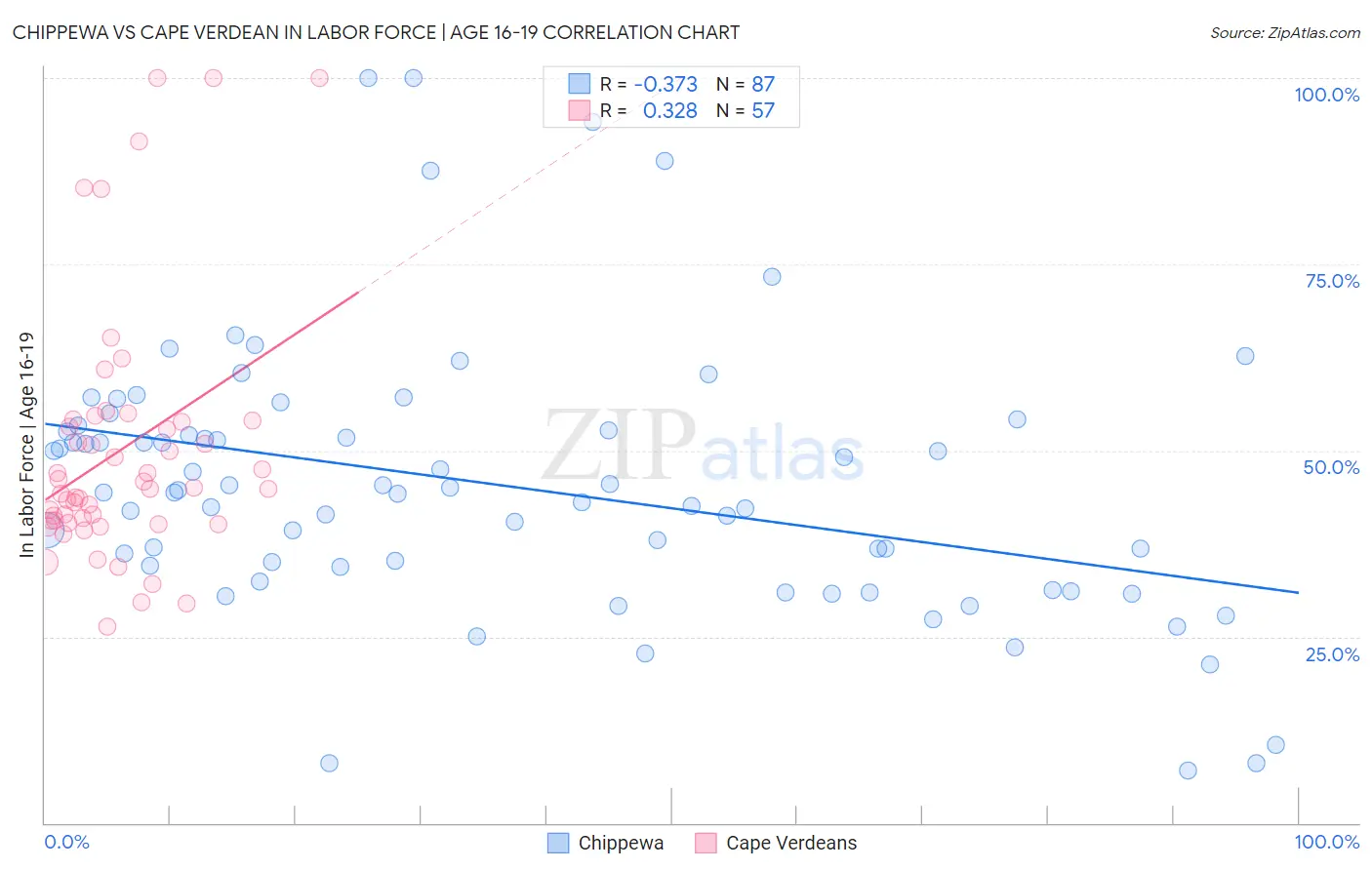 Chippewa vs Cape Verdean In Labor Force | Age 16-19