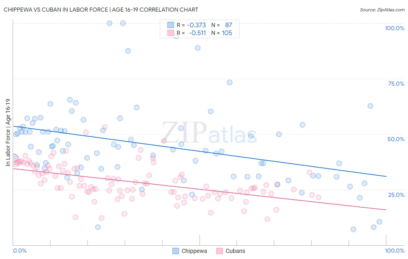 Chippewa vs Cuban In Labor Force | Age 16-19