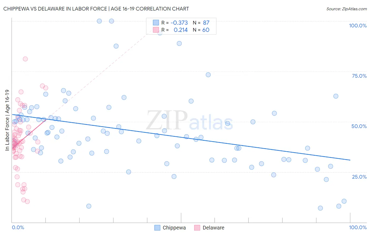 Chippewa vs Delaware In Labor Force | Age 16-19