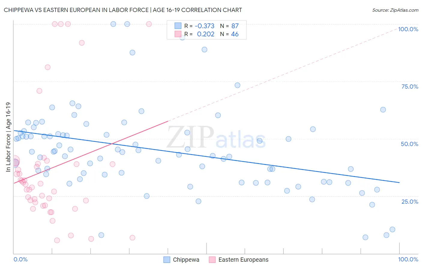 Chippewa vs Eastern European In Labor Force | Age 16-19