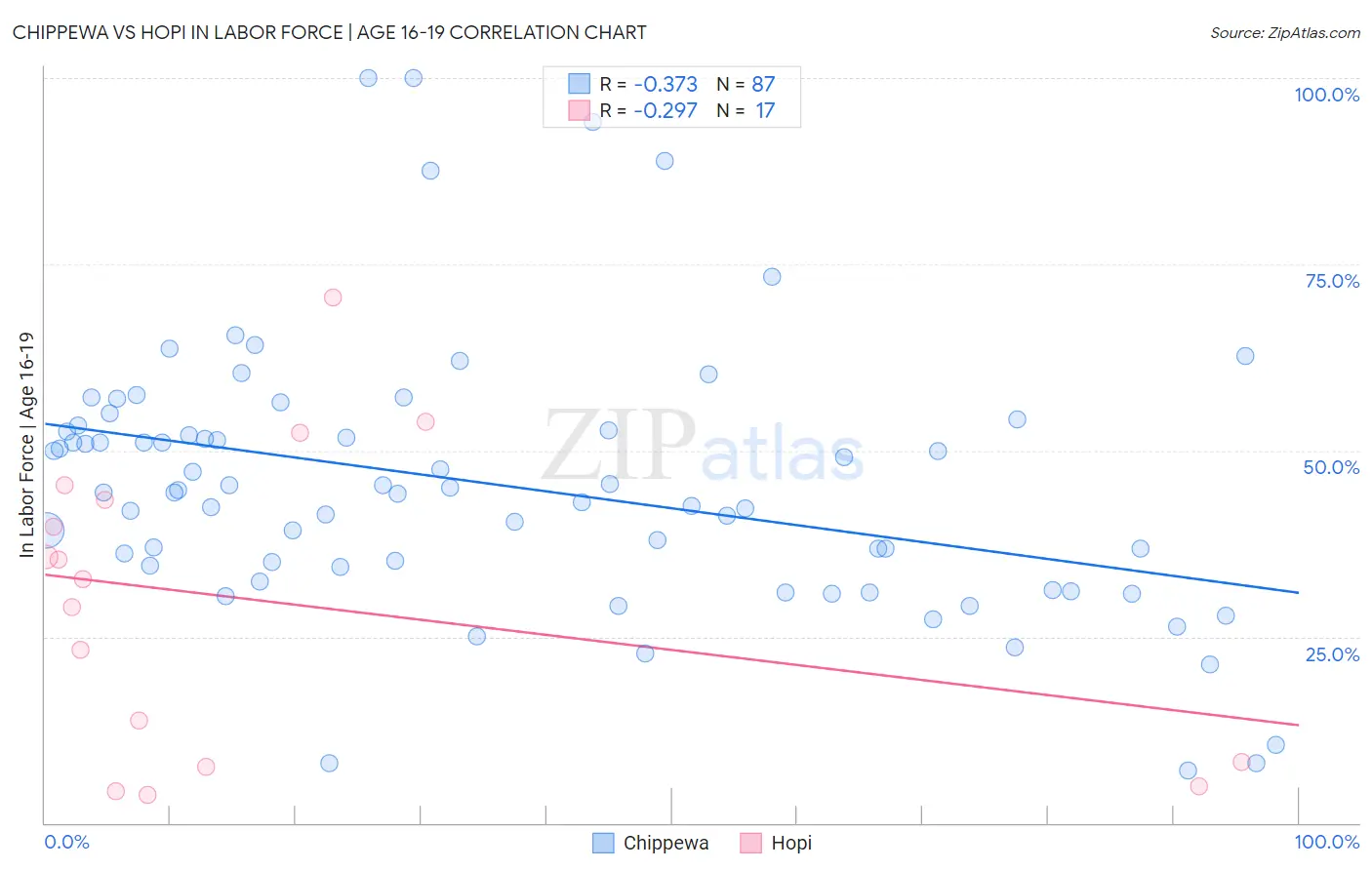 Chippewa vs Hopi In Labor Force | Age 16-19