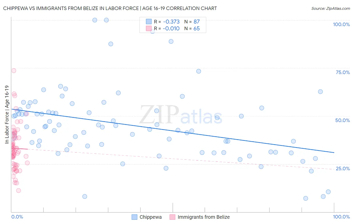 Chippewa vs Immigrants from Belize In Labor Force | Age 16-19