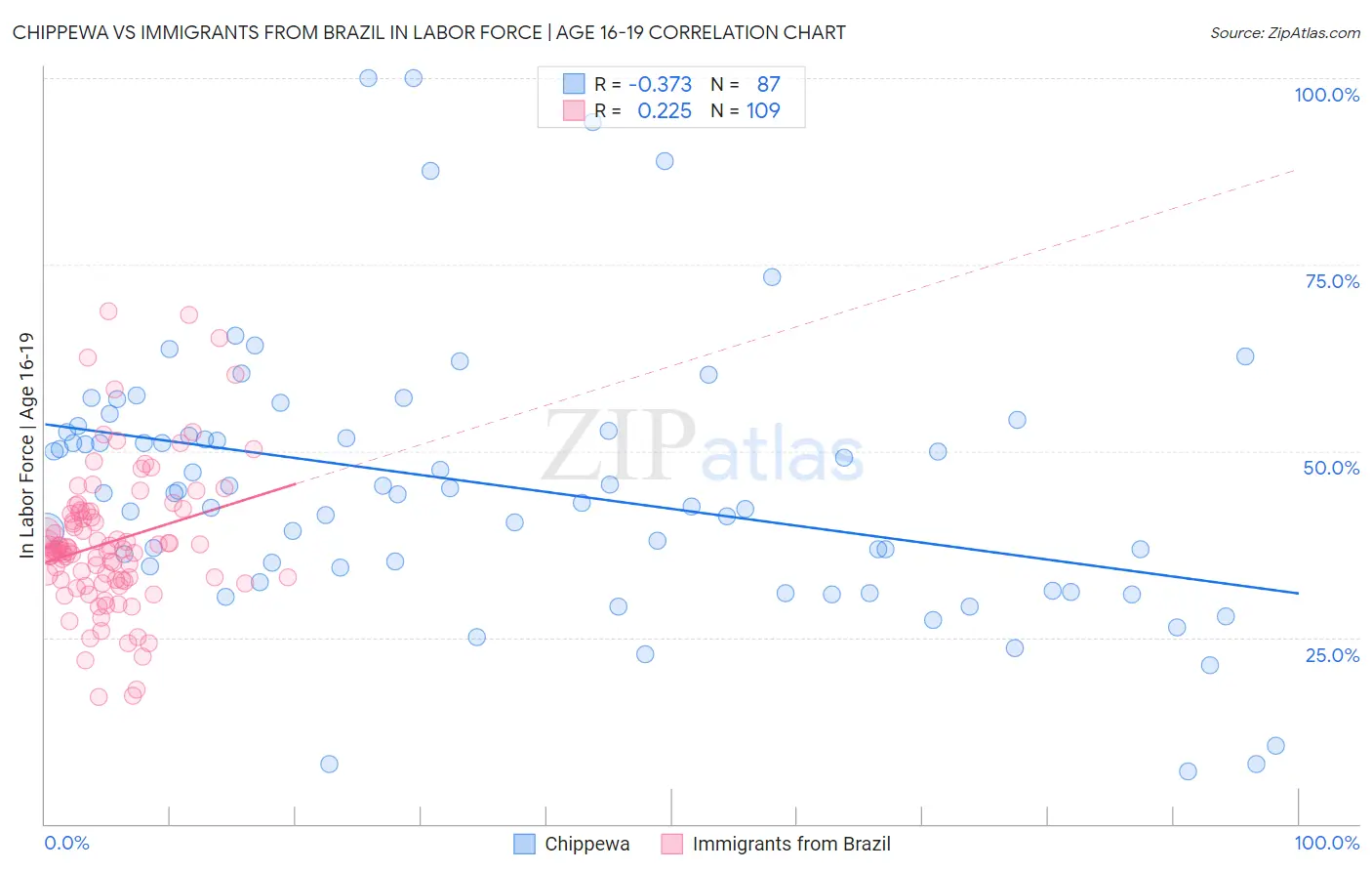 Chippewa vs Immigrants from Brazil In Labor Force | Age 16-19