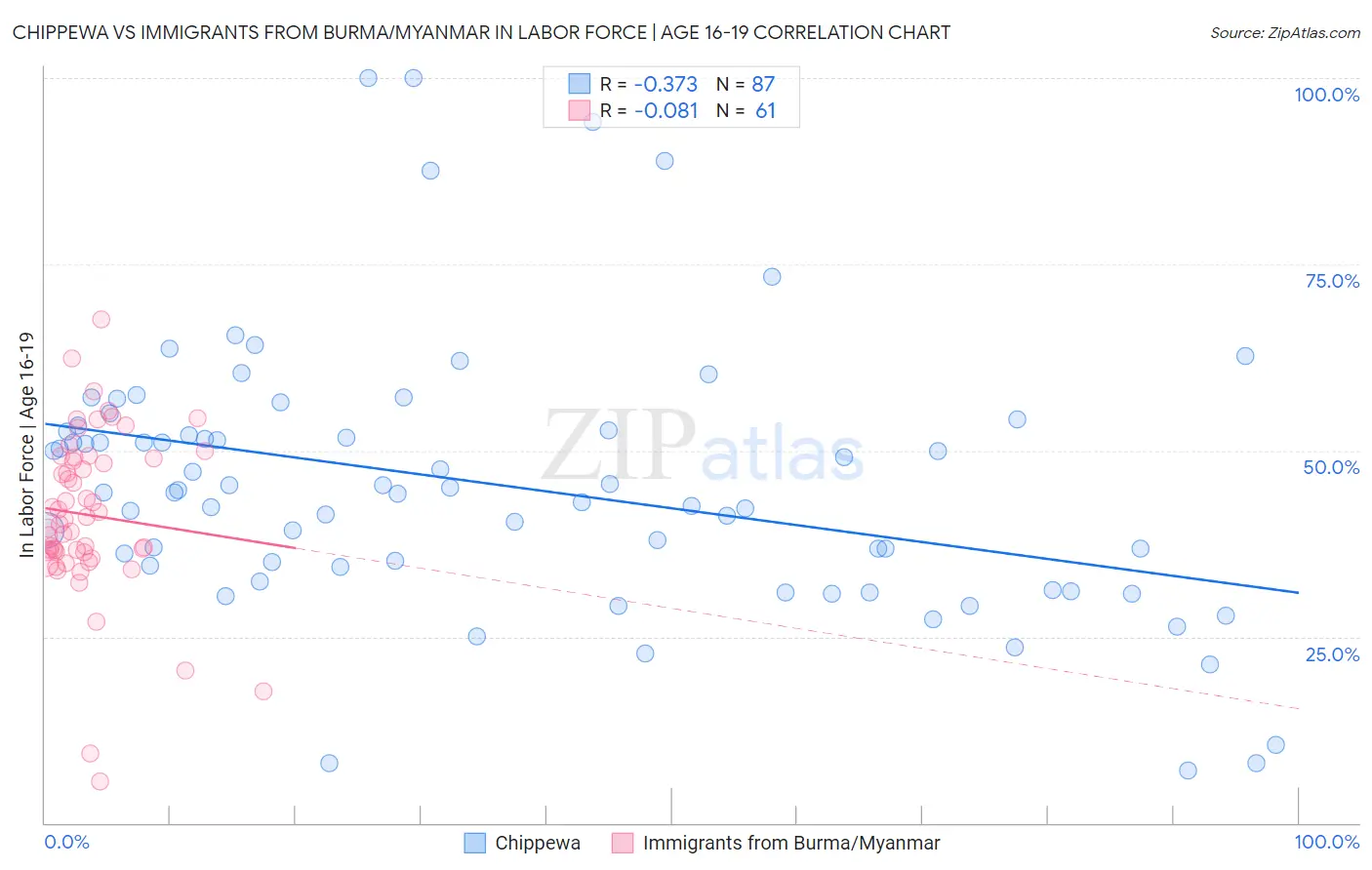 Chippewa vs Immigrants from Burma/Myanmar In Labor Force | Age 16-19