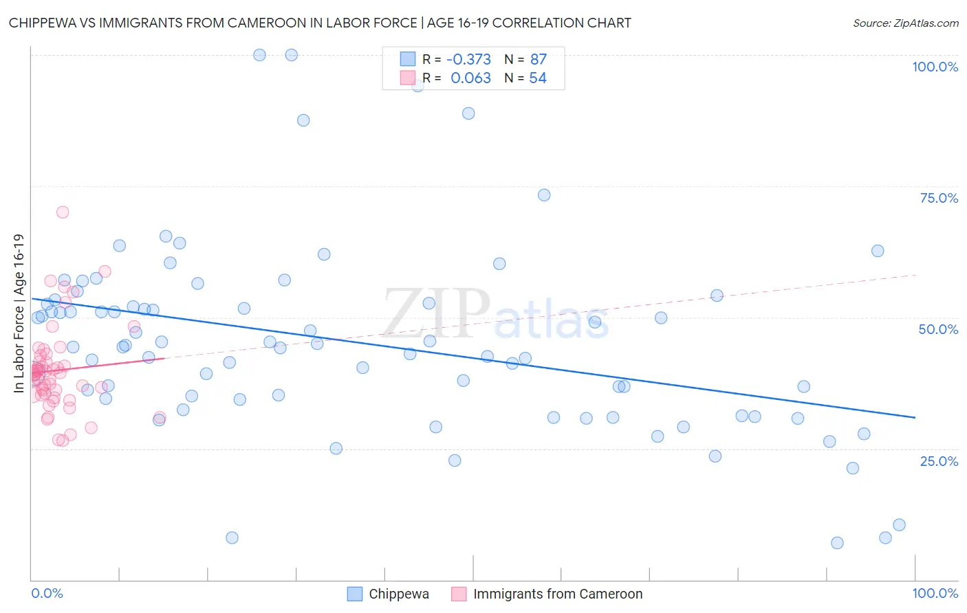 Chippewa vs Immigrants from Cameroon In Labor Force | Age 16-19