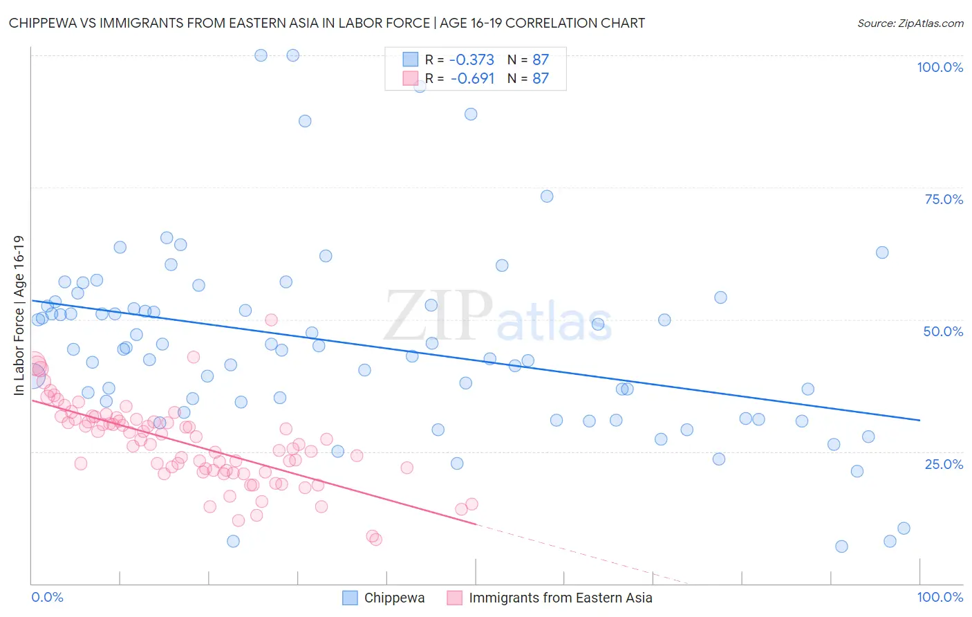 Chippewa vs Immigrants from Eastern Asia In Labor Force | Age 16-19