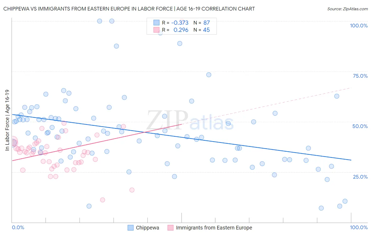 Chippewa vs Immigrants from Eastern Europe In Labor Force | Age 16-19