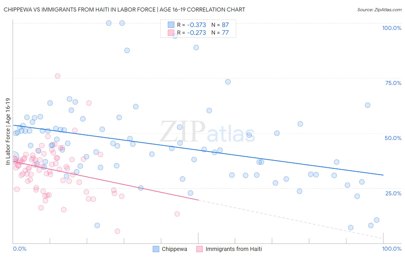 Chippewa vs Immigrants from Haiti In Labor Force | Age 16-19