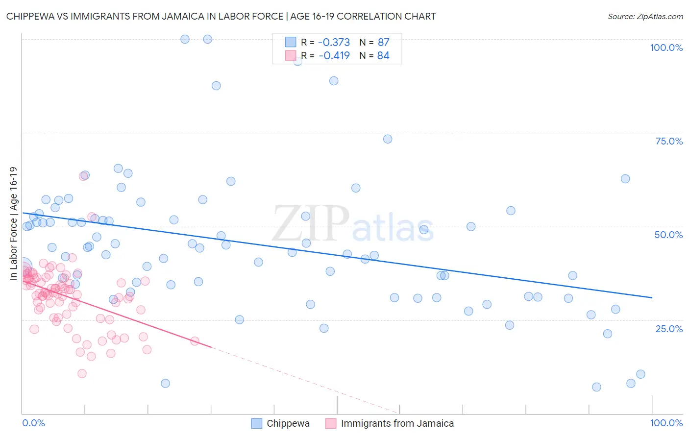 Chippewa vs Immigrants from Jamaica In Labor Force | Age 16-19