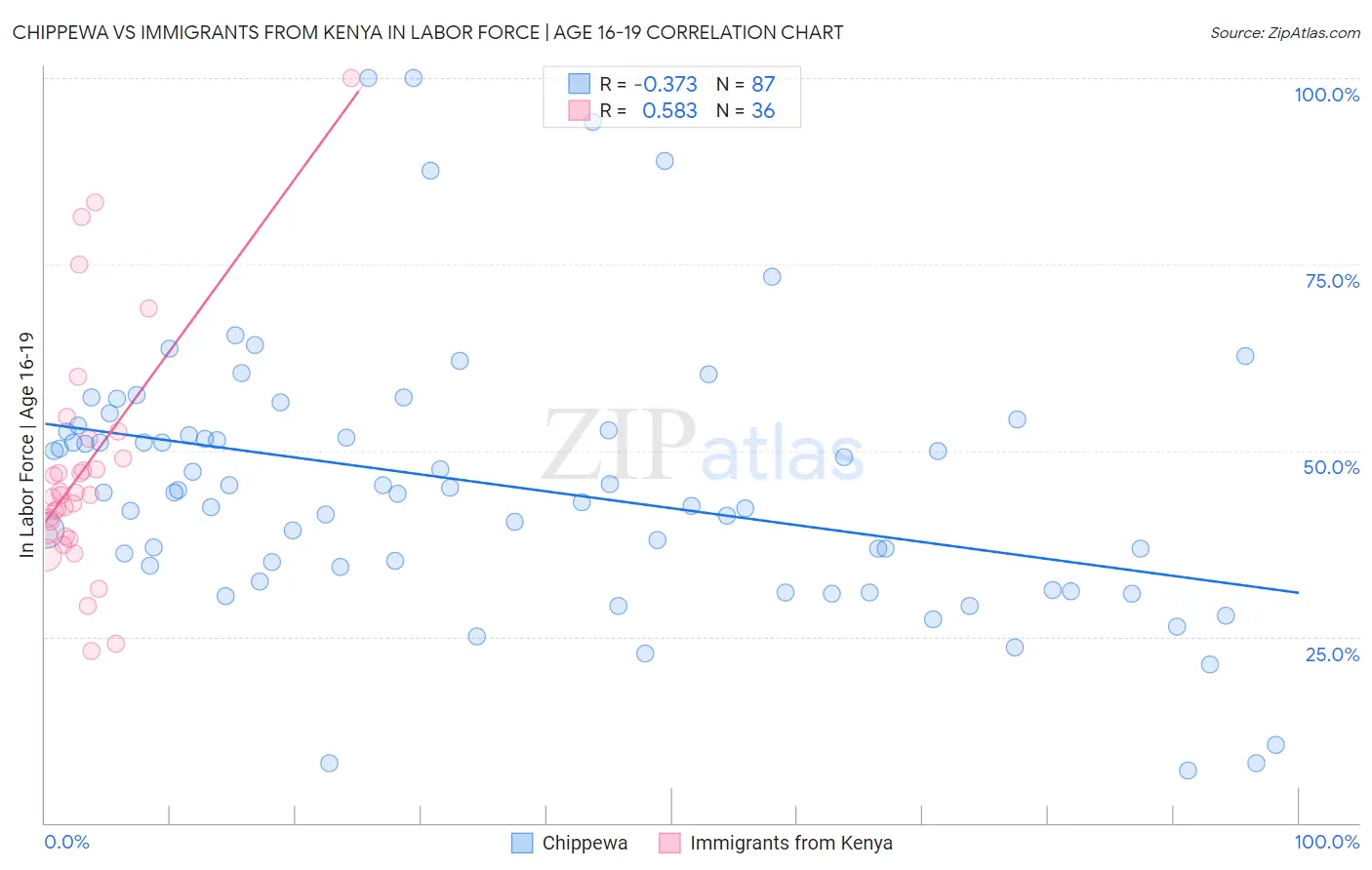 Chippewa vs Immigrants from Kenya In Labor Force | Age 16-19