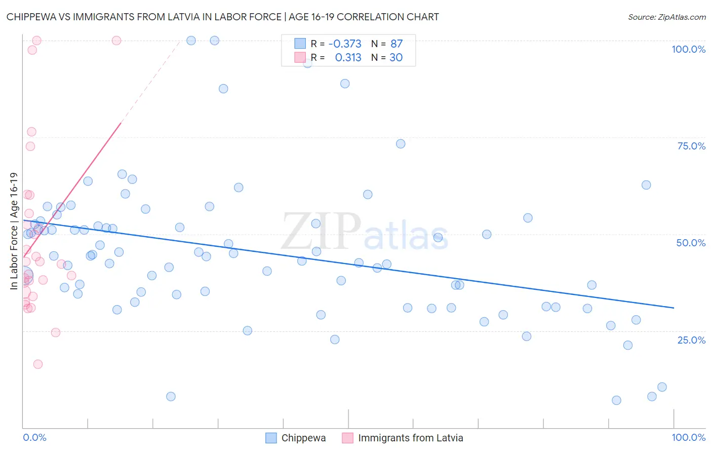 Chippewa vs Immigrants from Latvia In Labor Force | Age 16-19