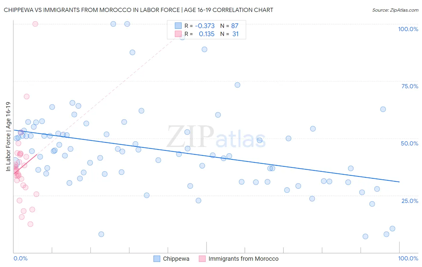Chippewa vs Immigrants from Morocco In Labor Force | Age 16-19