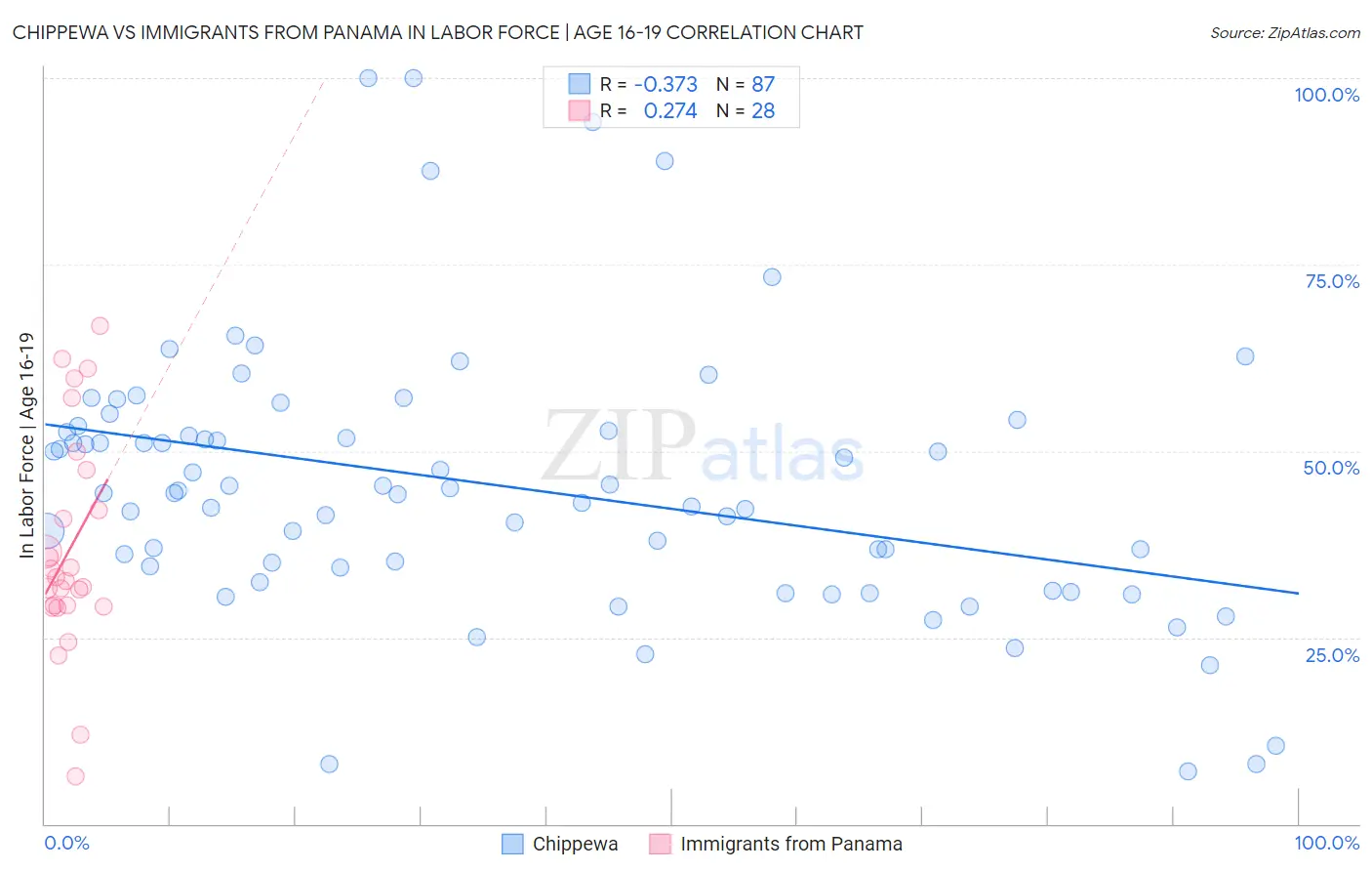 Chippewa vs Immigrants from Panama In Labor Force | Age 16-19