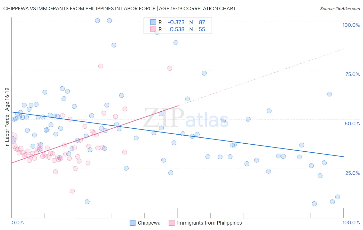 Chippewa vs Immigrants from Philippines In Labor Force | Age 16-19