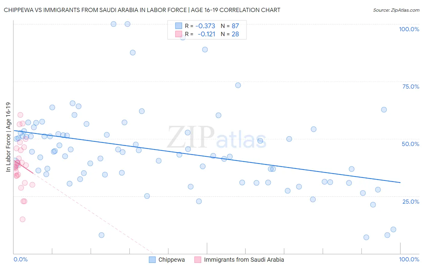 Chippewa vs Immigrants from Saudi Arabia In Labor Force | Age 16-19