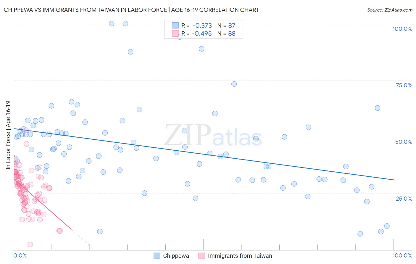 Chippewa vs Immigrants from Taiwan In Labor Force | Age 16-19