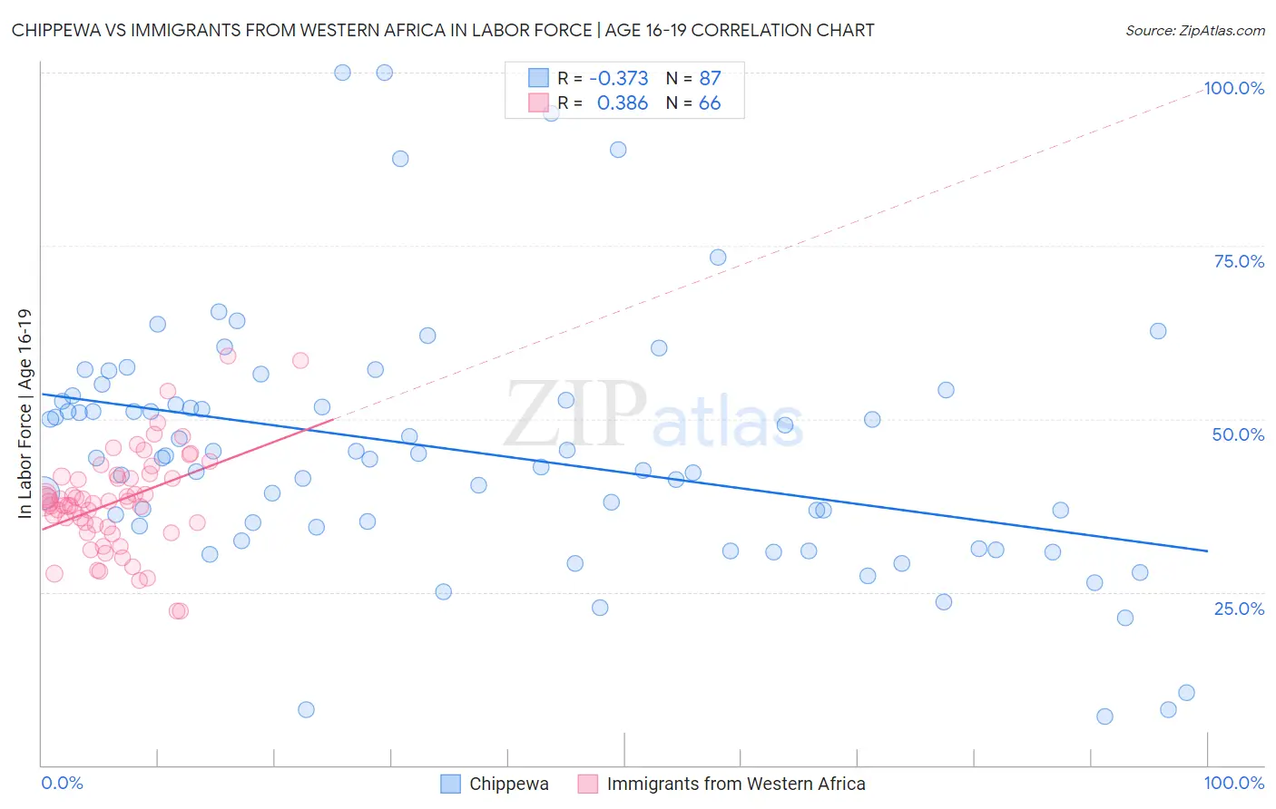 Chippewa vs Immigrants from Western Africa In Labor Force | Age 16-19