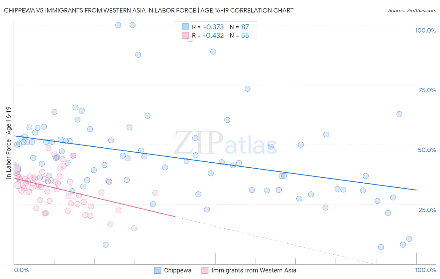 Chippewa vs Immigrants from Western Asia In Labor Force | Age 16-19