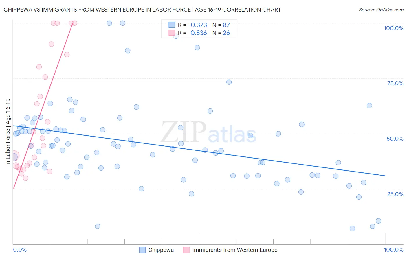 Chippewa vs Immigrants from Western Europe In Labor Force | Age 16-19