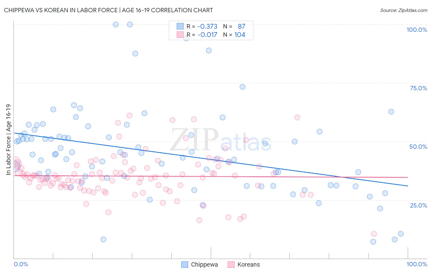 Chippewa vs Korean In Labor Force | Age 16-19