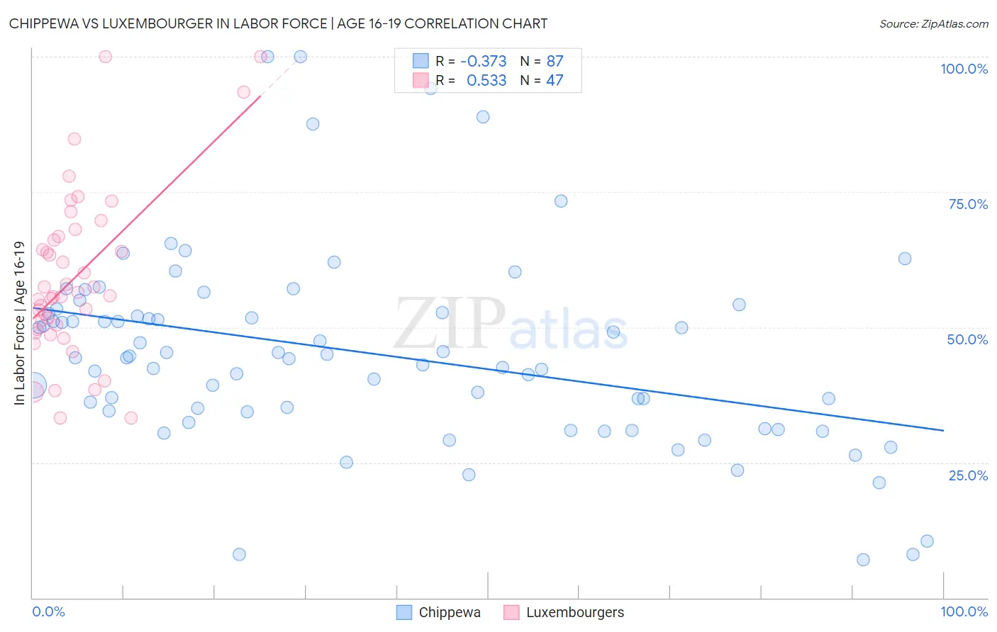 Chippewa vs Luxembourger In Labor Force | Age 16-19