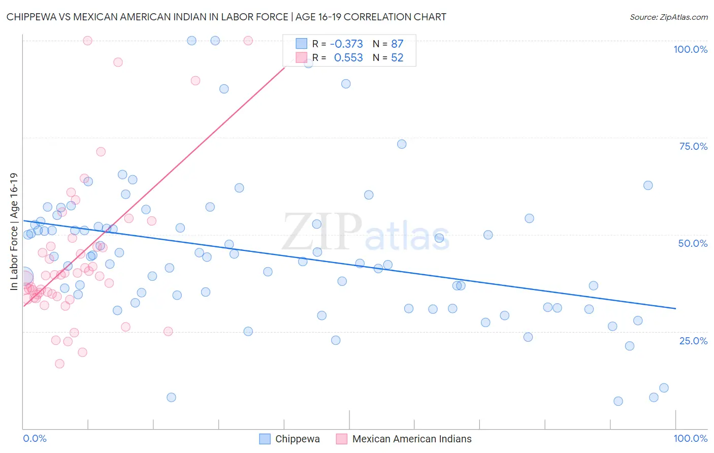 Chippewa vs Mexican American Indian In Labor Force | Age 16-19