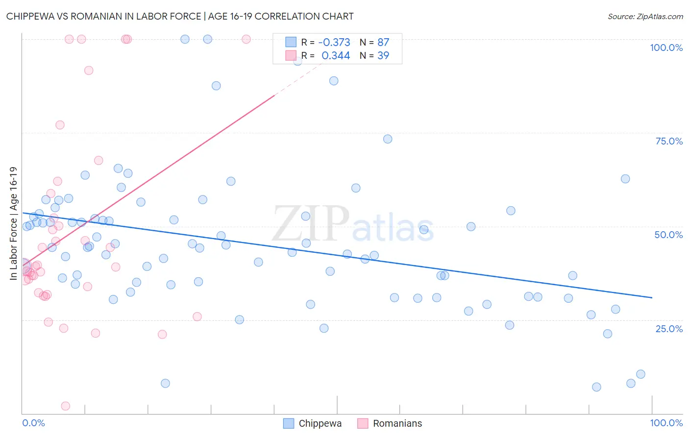 Chippewa vs Romanian In Labor Force | Age 16-19