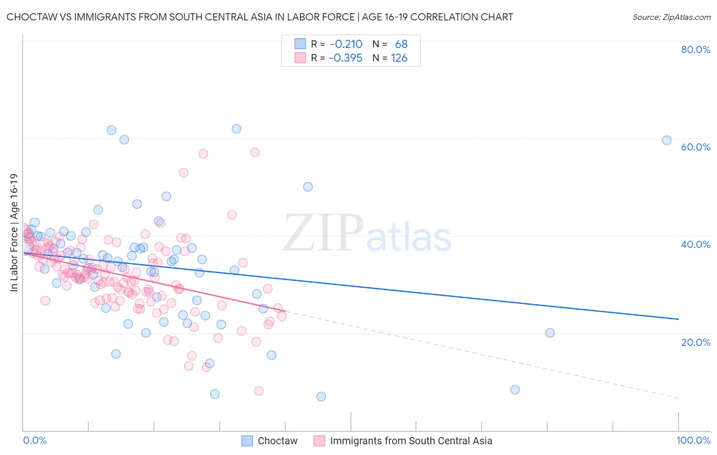 Choctaw vs Immigrants from South Central Asia In Labor Force | Age 16-19