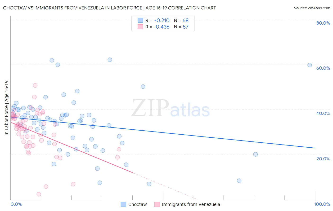 Choctaw vs Immigrants from Venezuela In Labor Force | Age 16-19
