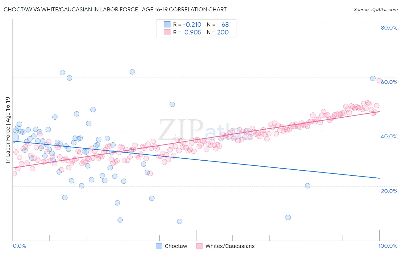 Choctaw vs White/Caucasian In Labor Force | Age 16-19