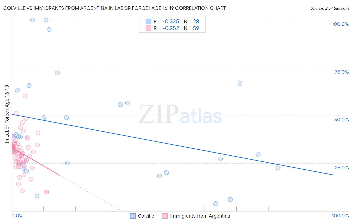 Colville vs Immigrants from Argentina In Labor Force | Age 16-19