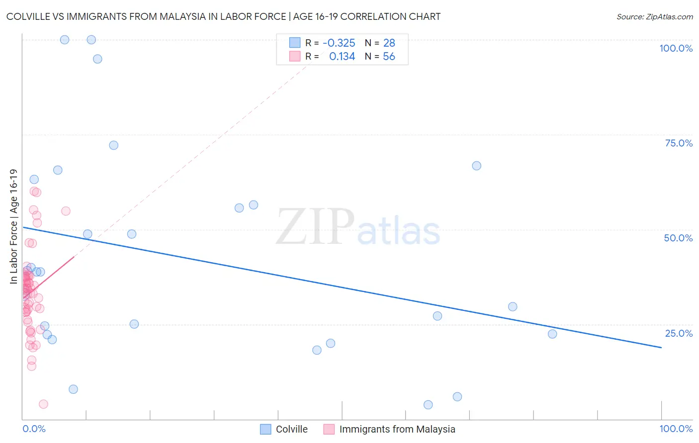 Colville vs Immigrants from Malaysia In Labor Force | Age 16-19