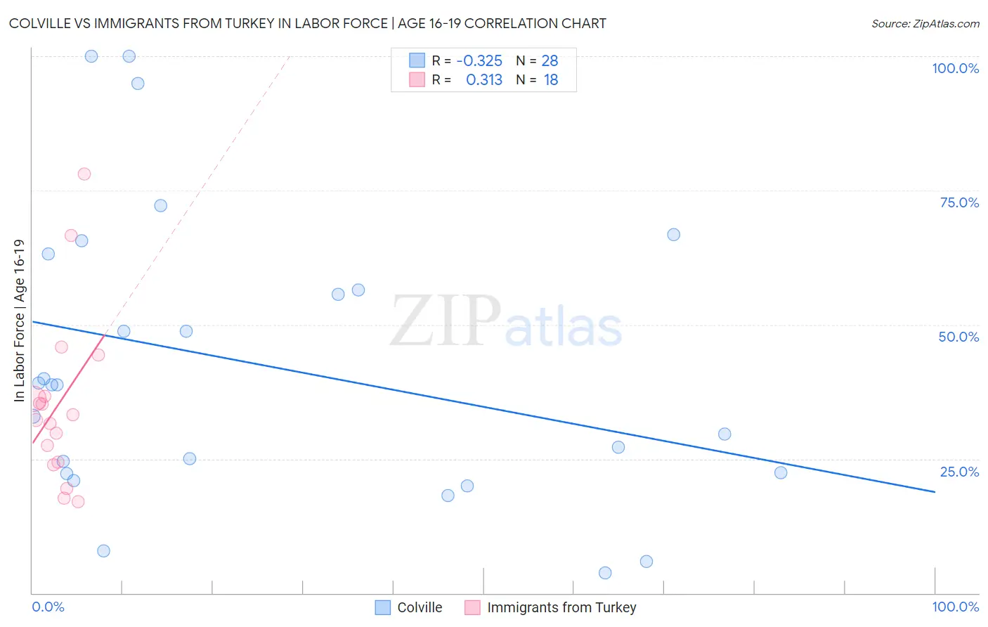 Colville vs Immigrants from Turkey In Labor Force | Age 16-19