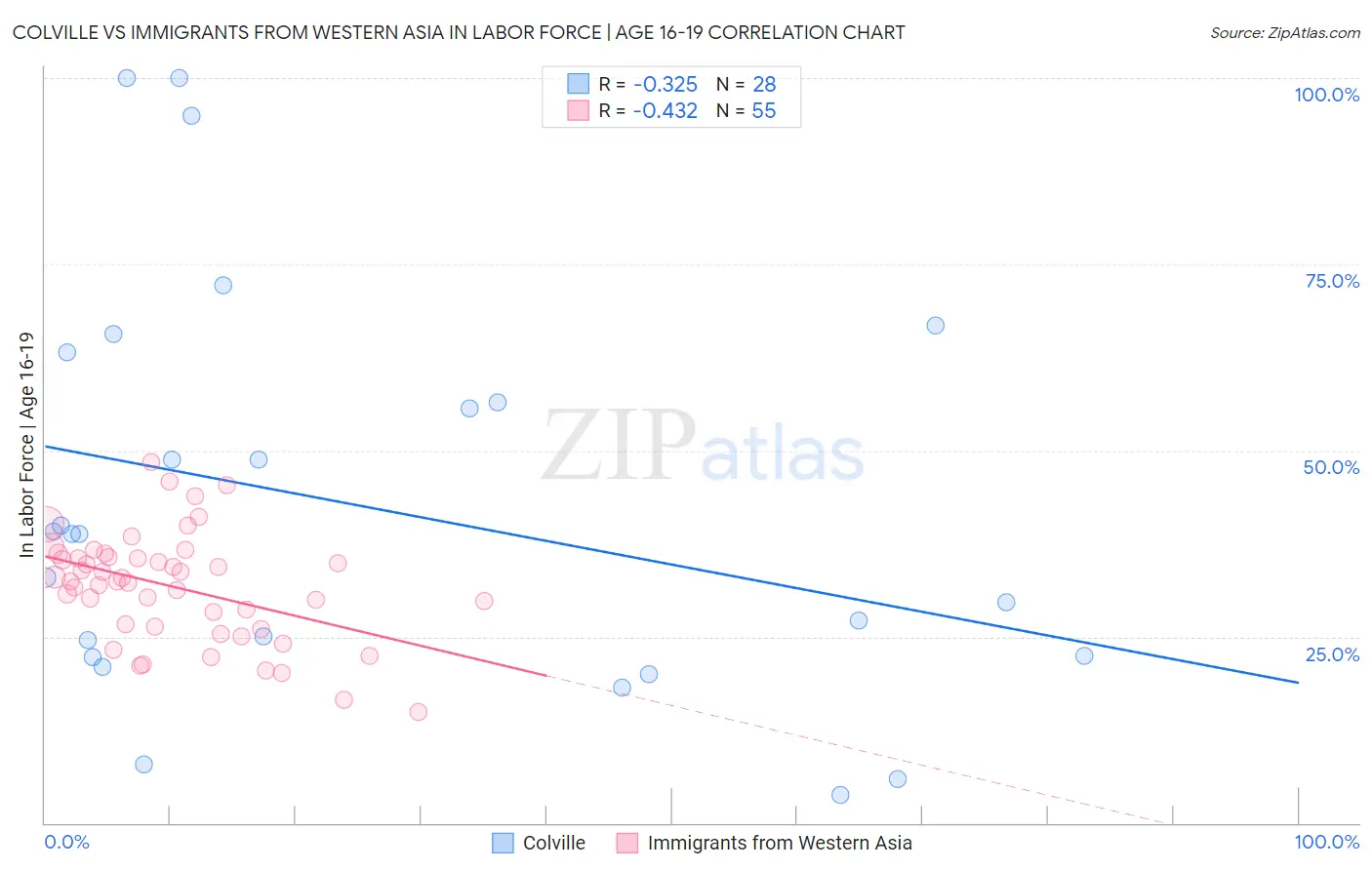 Colville vs Immigrants from Western Asia In Labor Force | Age 16-19