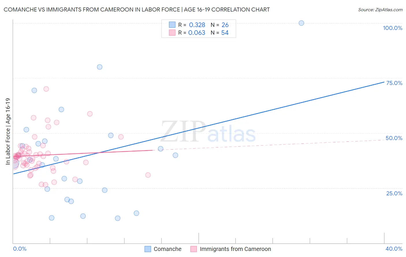Comanche vs Immigrants from Cameroon In Labor Force | Age 16-19