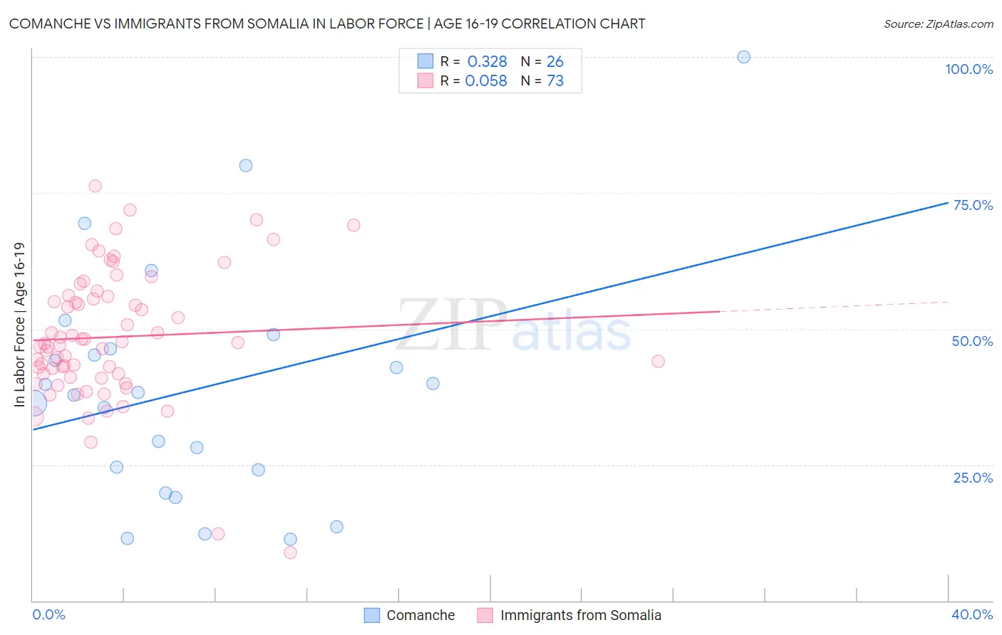 Comanche vs Immigrants from Somalia In Labor Force | Age 16-19